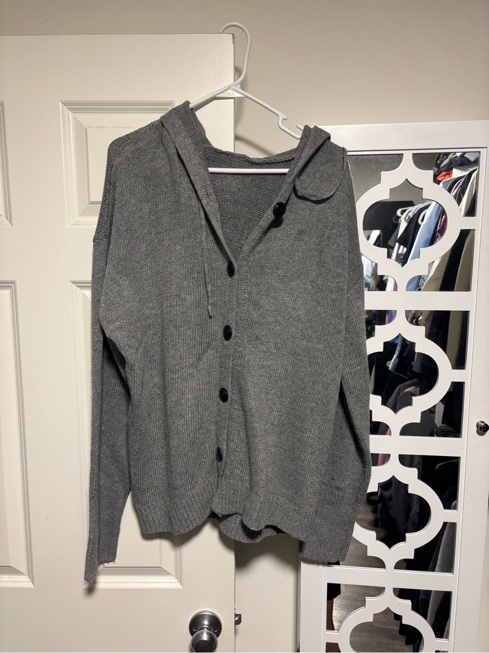 Gray Hooded Button-Front Women's Sweater - Picture 2 of 4